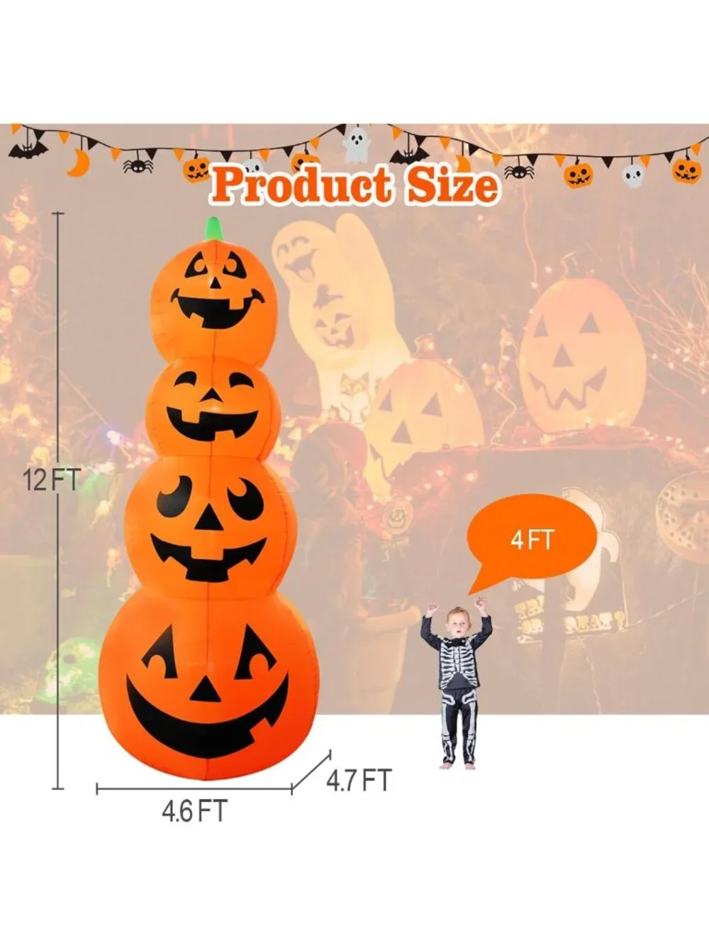 12FT Inflatable Stacked Pumpkin Decoration with LEDs for Halloween Outdoor Party